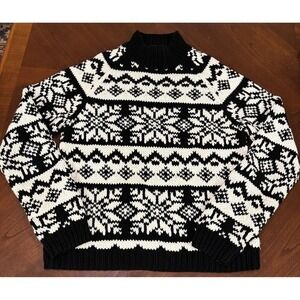 Ann Taylor Sweater Womens Small Black White Fair Isle Mock Neck‎